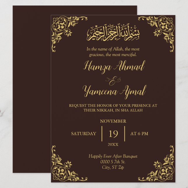 Invitación El Moderno Marrón Y Oro Musulmán Nikkah (Anverso / Reverso)