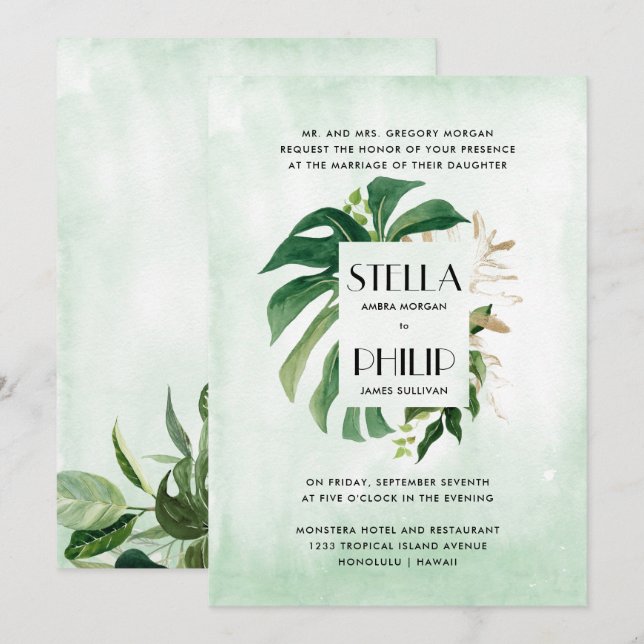 Invitación El monstera salvaje del oro tropical deja boda for (Anverso / Reverso)
