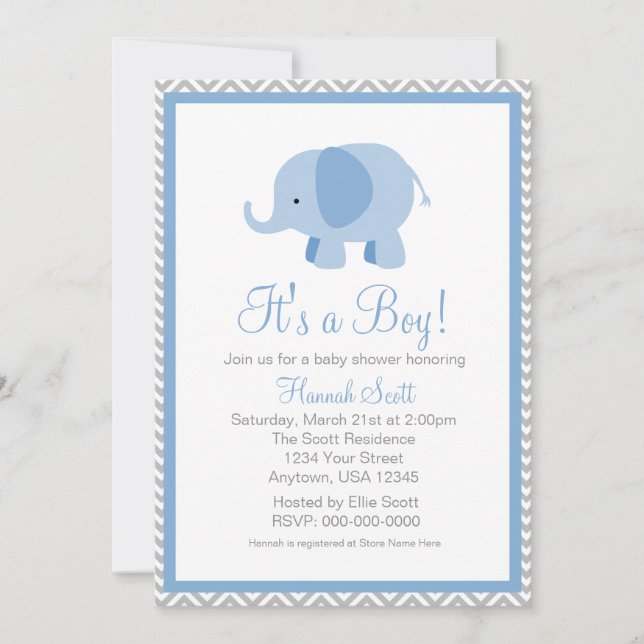 Invitación El muchacho Baby Shower del elefante de Chevron (Anverso)