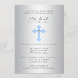 Invitación El muchacho cruzado azul de plata del bautizo/del