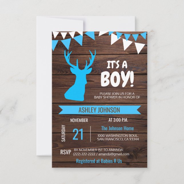 Invitación El MUCHACHO rústico Baby Shower de los ciervos del (Anverso)