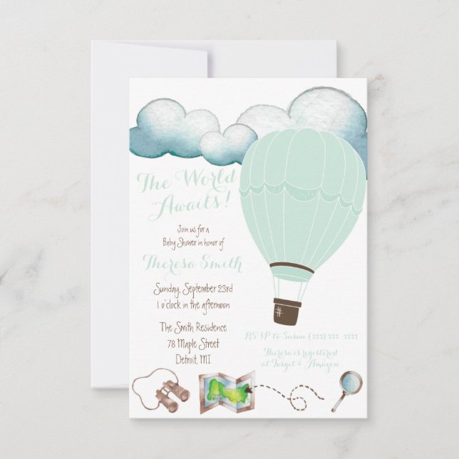 Invitación ¡El Mundo Espera! Baby Shower Mint Hot Air Balloon (Anverso)