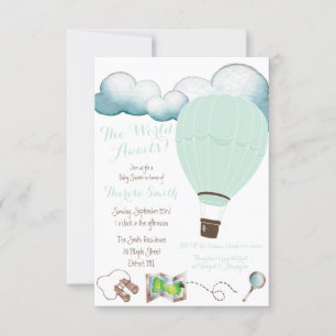 Invitación ¡El Mundo Espera! Baby Shower Mint Hot Air Balloon