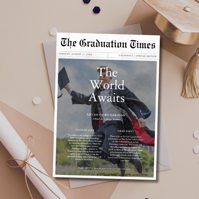 Invitación El mundo espera la foto de un periódico de graduac (Subido por el creador)