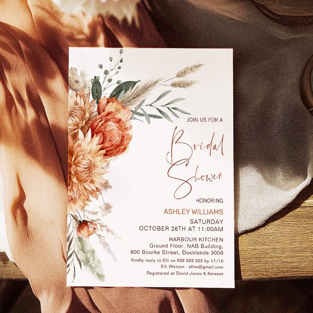 Invitación El Naranja floral Brown cae en el amor ducha de no (Fall in Love Bridal Shower Invitation Autumn, Fall Bridal Shower Invitation Orange Brown Floral)