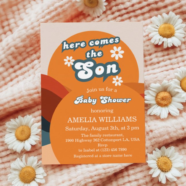 Invitación El Naranja Groovy Aquí Viene El Baby Shower Son (Subido por el creador)