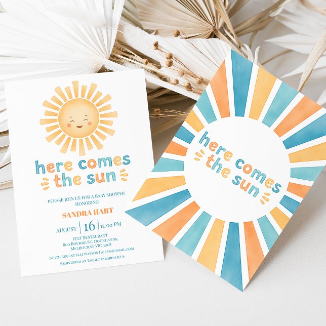 Invitación El Naranja moderno Verde azulado viene aquí el Bab (Here Come The Son Baby Shower Invitation Template, Modern Retro, Sun Themed Baby Shower invitation)