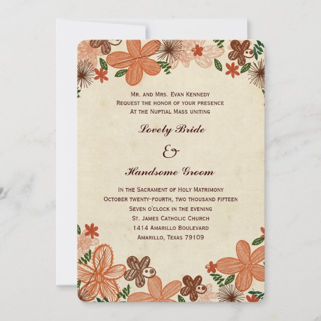 Invitación El naranja retro del moho florece la boda católica (Anverso)