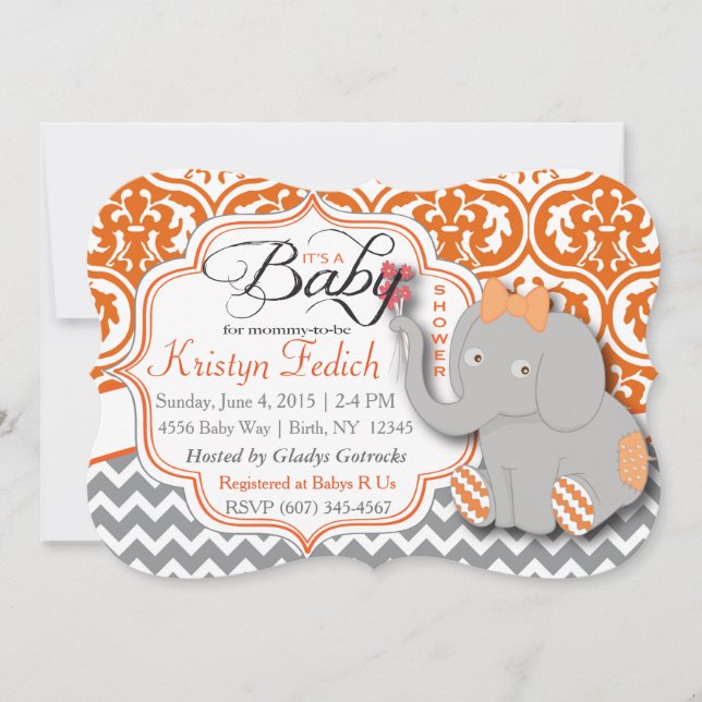 Invitación El naranja y el elefante Baby Shower de Chevron (Anverso)
