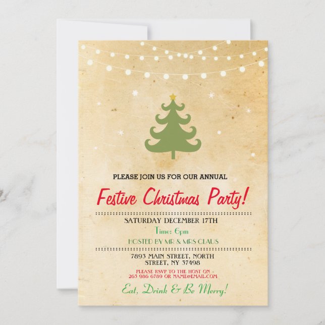 Invitación El navidad que el árbol del fiesta de cena (Anverso)