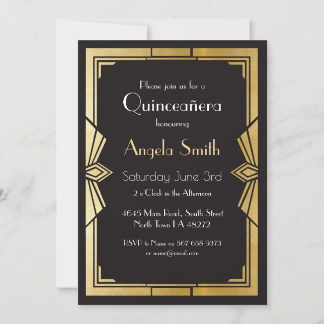 Invitación El negro de Gatsby del fiesta de Quinceanera del (Anverso)