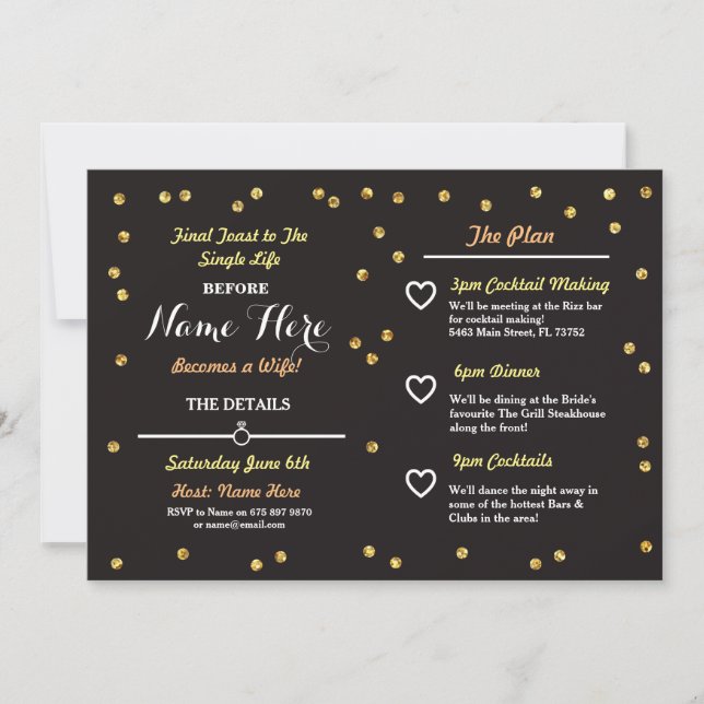Invitación El negro y el itinerario de Bachelorette del (Anverso)