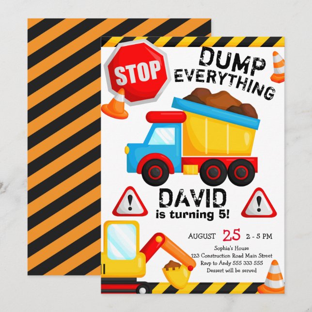 Invitación El niño de cumpleaños de la construcción lo descar (Anverso / Reverso)
