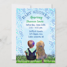 El niño pequeño y su perro invitan a Baby Shower