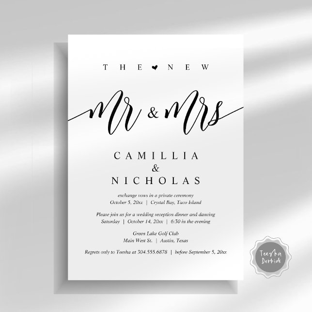 Invitación El nuevo Sr. y la Sra., Boda Elopement Dinner Fies (The New Mr and Mrs, Wedding Elopement Dinner Party Invitation Card, PDF, White Black)