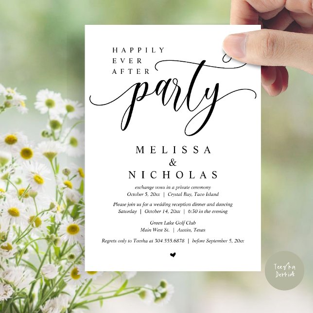 Invitación El nuevo Sr. y la Sra., Boda Elopement Dinner Fies (Happily Ever After Party, Wedding Elopement Dinner Party Invitation Card, PDF, White Black)