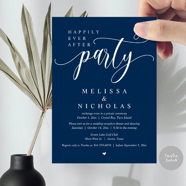 Invitación El nuevo Sr. y la Sra., Boda Elopement Dinner Fies (The New Mr and Mrs, Wedding Elopement Dinner Party Invitation Card, PDF, Navy Blue)