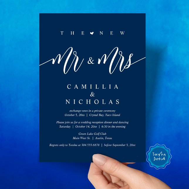 Invitación El nuevo Sr. y la Sra., Boda Elopement Dinner Fies (The New Mr and Mrs, Wedding Elopement Dinner Party Invitation Card, PDF, Navy Blue)