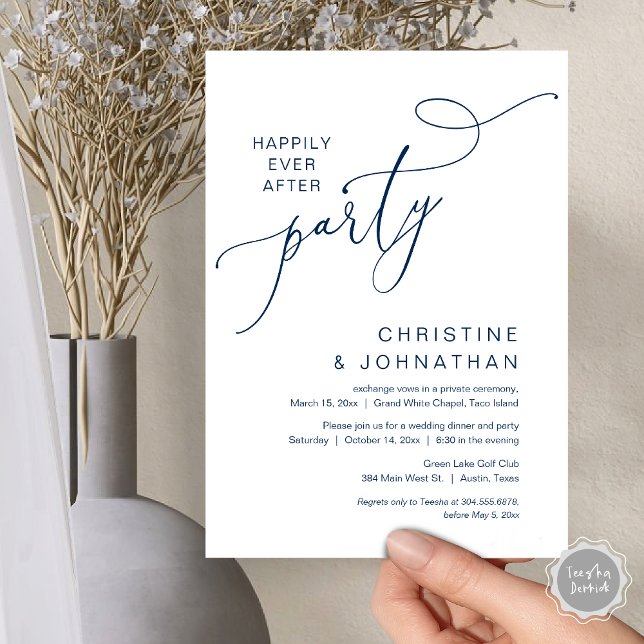 Invitación El nuevo Sr. y la Sra., Boda Elopement Dinner Fies (Happily Ever After Party, Wedding Elopement Dinner Dancing Invitation Card, PDF, Navy Blue)