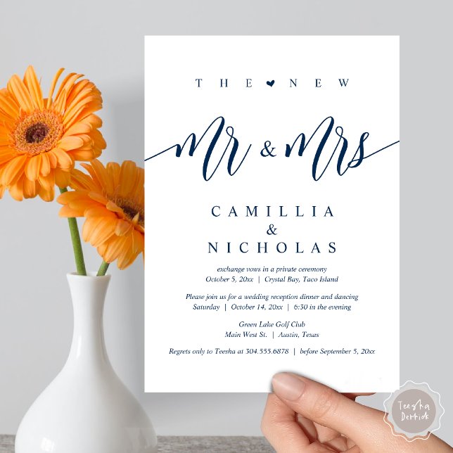 Invitación El nuevo Sr. y la Sra., Boda Elopement Dinner Fies (The New Mr and Mrs, Wedding Elopement Dinner Party Invitation Card, PDF, Navy Blue)