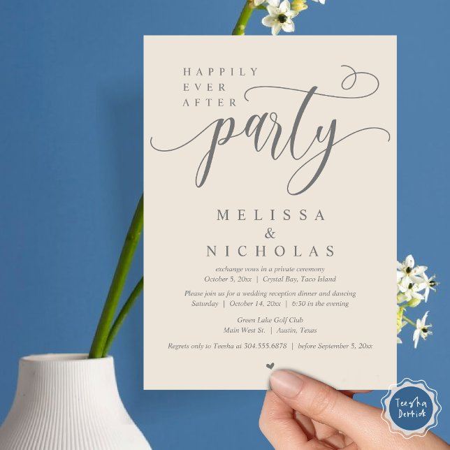 Invitación El nuevo Sr. y la Sra., Boda Elopement Dinner Fies (Happily ever after, Wedding Elopement Dinner Party Lunch Brunch Invitation Card, PDF, Grey Cream)