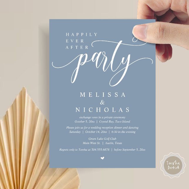 Invitación El nuevo Sr. y la Sra., Boda Elopement Dinner Fies (Happily ever after Wedding Elopement Dinner Party dancing Invitation Card, PDF, Dusty Blue)