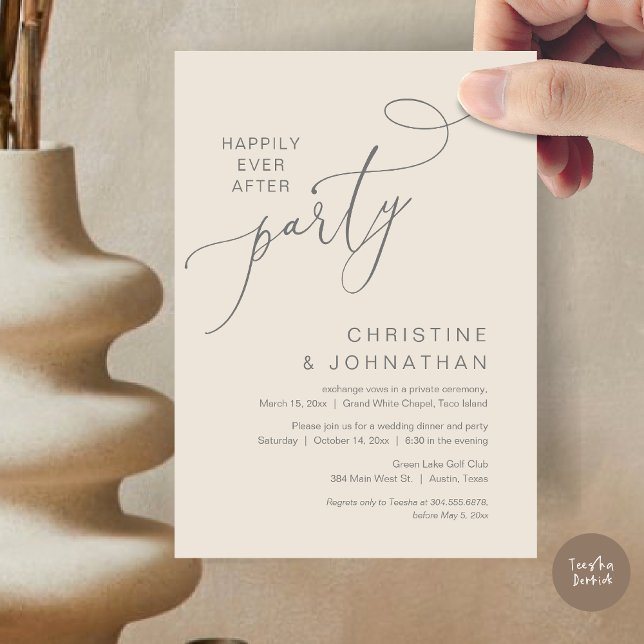 Invitación El nuevo Sr. y la Sra., Boda Elopement Dinner Fies (Happily ever after, Wedding Elopement Dinner Party Lunch Brunch Invitation Card, PDF, Grey Cream)