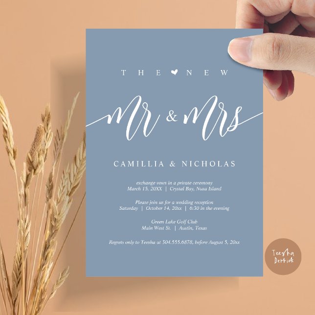 Invitación El nuevo Sr. y la Sra., Boda Elopement Fiesta (The New Mr and Mrs, Modern Wedding Elopement Party Invitation Card, PDF, in Dusty Blue)