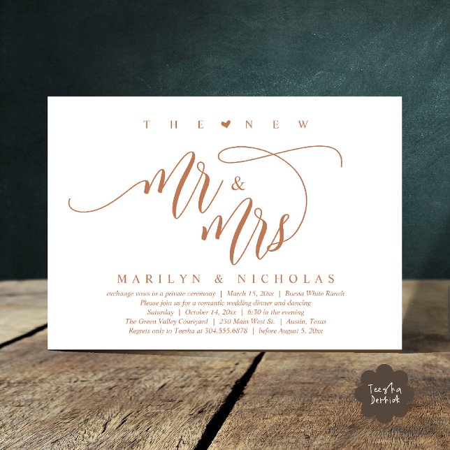 Invitación El nuevo Sr. y la Sra., Fiesta de la cena Boda mod (The New Mr and Mrs, Modern Romantic Wedding Dinner Party Invites Card PDF in Copper Brown)