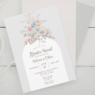 Invitación Él o Ella Arco Floral Pastel Revelación de Género