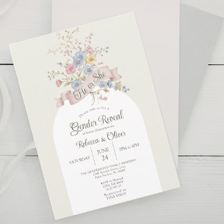 Invitación Él o Ella Arco Floral Pastel Revelación de Género