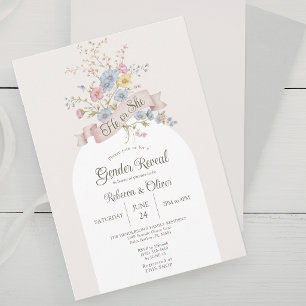 Invitación Él o Ella Arco Floral Pastel Revelación de Género