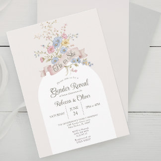 Invitación Él o Ella Arco Floral Pastel Revelación de Género