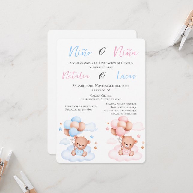 Invitación El o ella azul o rosado género revela la invitació (Anverso/Reverso In Situ)