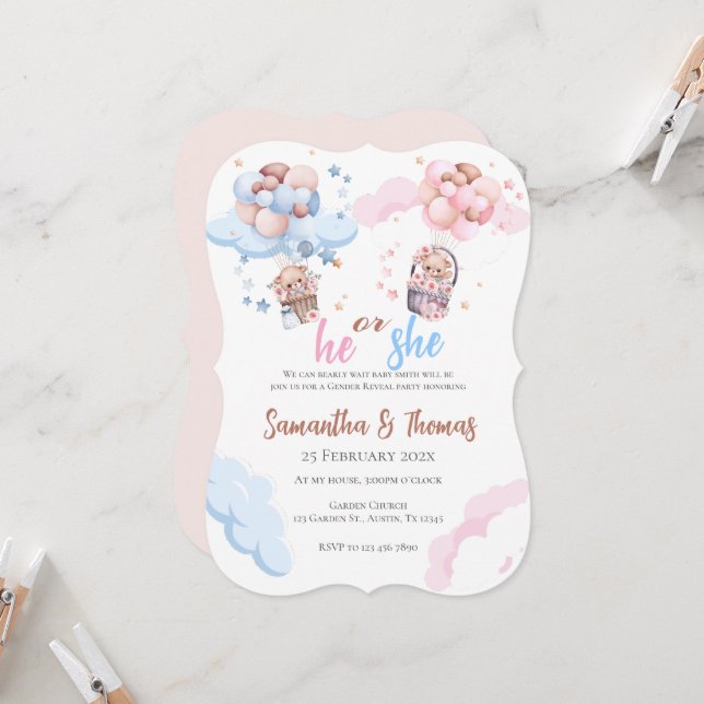 Invitación El o ella azul o rosado género revela la invitació (Anverso/Reverso In Situ)