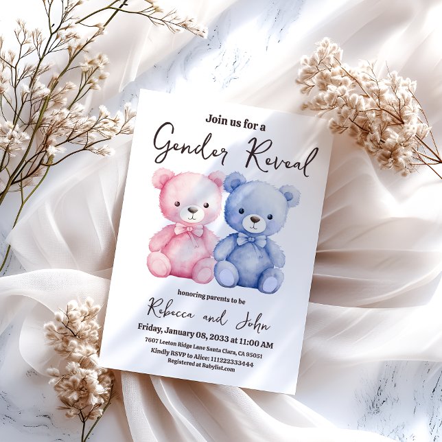 Invitación El o ella azul y rosa oso Fiesta de revelación de  (Subido por el creador)