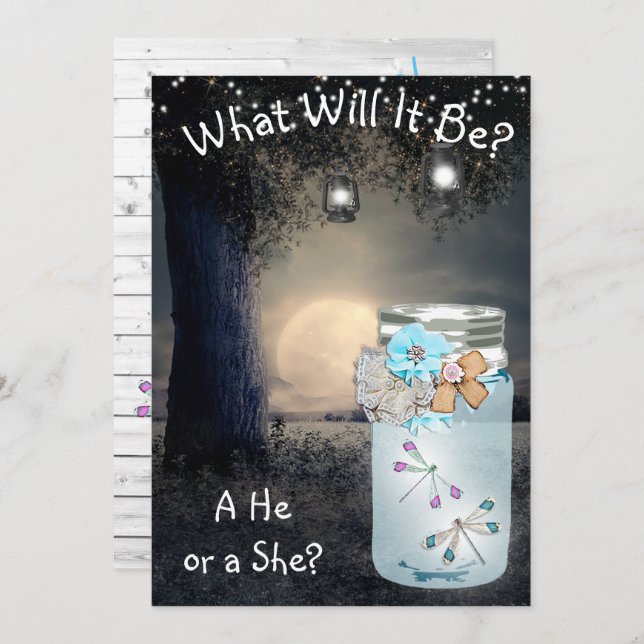 Invitación Él o ella, Baby Shower Género revelan libélula (Anverso / Reverso)