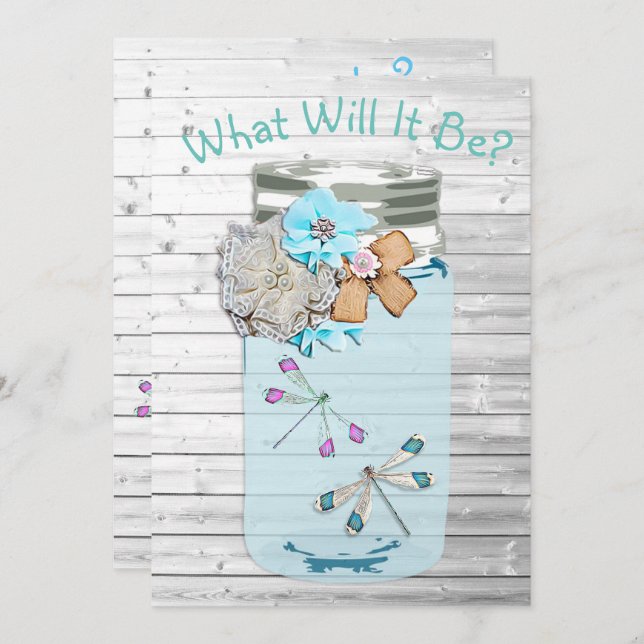 Invitación Él o ella, Baby Shower Género revelan libélula (Anverso / Reverso)