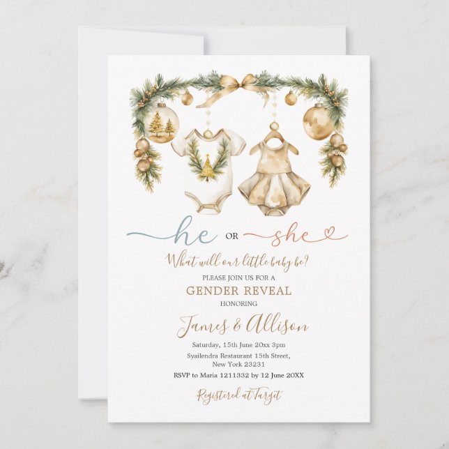 Invitación El o ella bebé visten la revelación de género de l (Anverso)