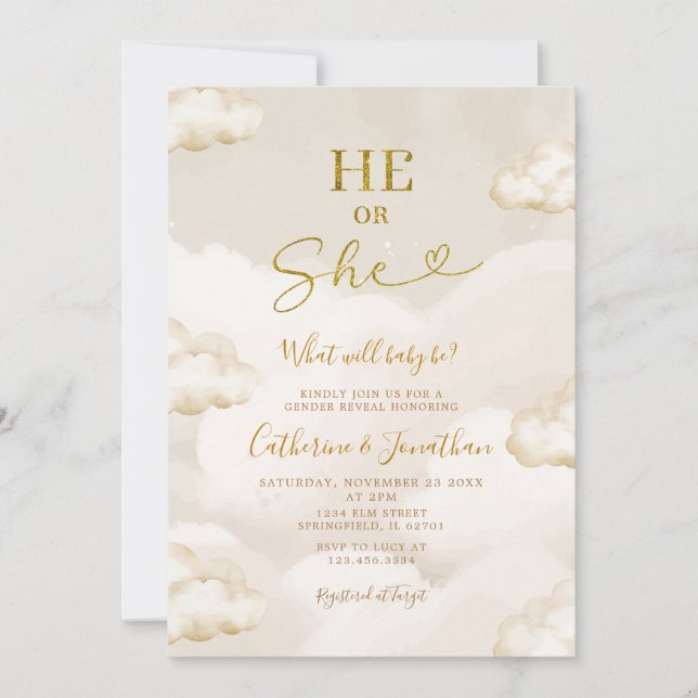 Invitación Él o Ella Boho Nubes Beige Oro Revelación de Géner (Anverso)