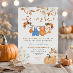 Invitación El o ella Calabaza Ropa de Bebé Revelación de géne