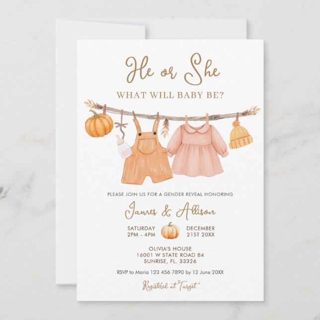 Invitación El o ella Calabaza Ropa de Bebé Revelación de géne (Anverso)