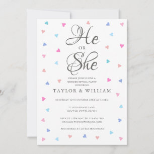 Invitación Él o Ella Corazones Rosas y Azules Fiesta de Revel