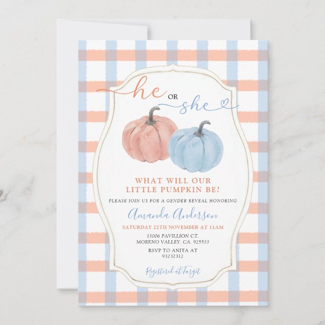 Invitación El o ella de otoño pumpkins Gingham Gender Reveal (Anverso)