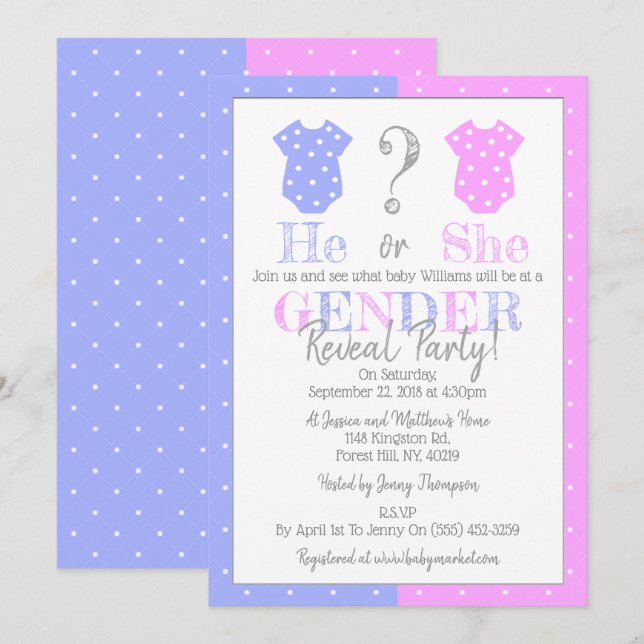 Invitación ¿Él O Ella? ¡Fiesta de Revelación de Género! Baby  (Anverso / Reverso)