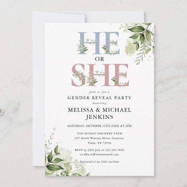 Invitación Él o Ella Fiesta de Revelación de Género con Veget (Anverso)