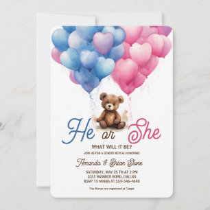 Invitación Él o Ella Globos Rosas Azules Oso Revelación de Gé
