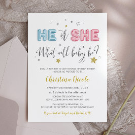 Invitación El o ella Relieve metalizado rosa y azul globo Bab