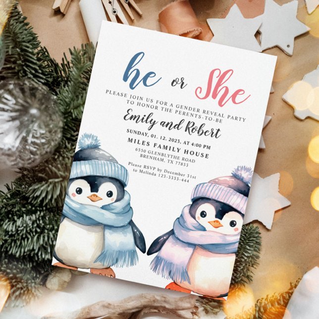 Invitación Él o ella, Revelación de género, pingüino de Baby  (Subido por el creador)