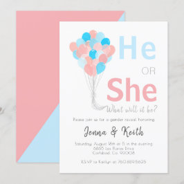 Invitación Él o ella revelan globos sobre el tema del bebé